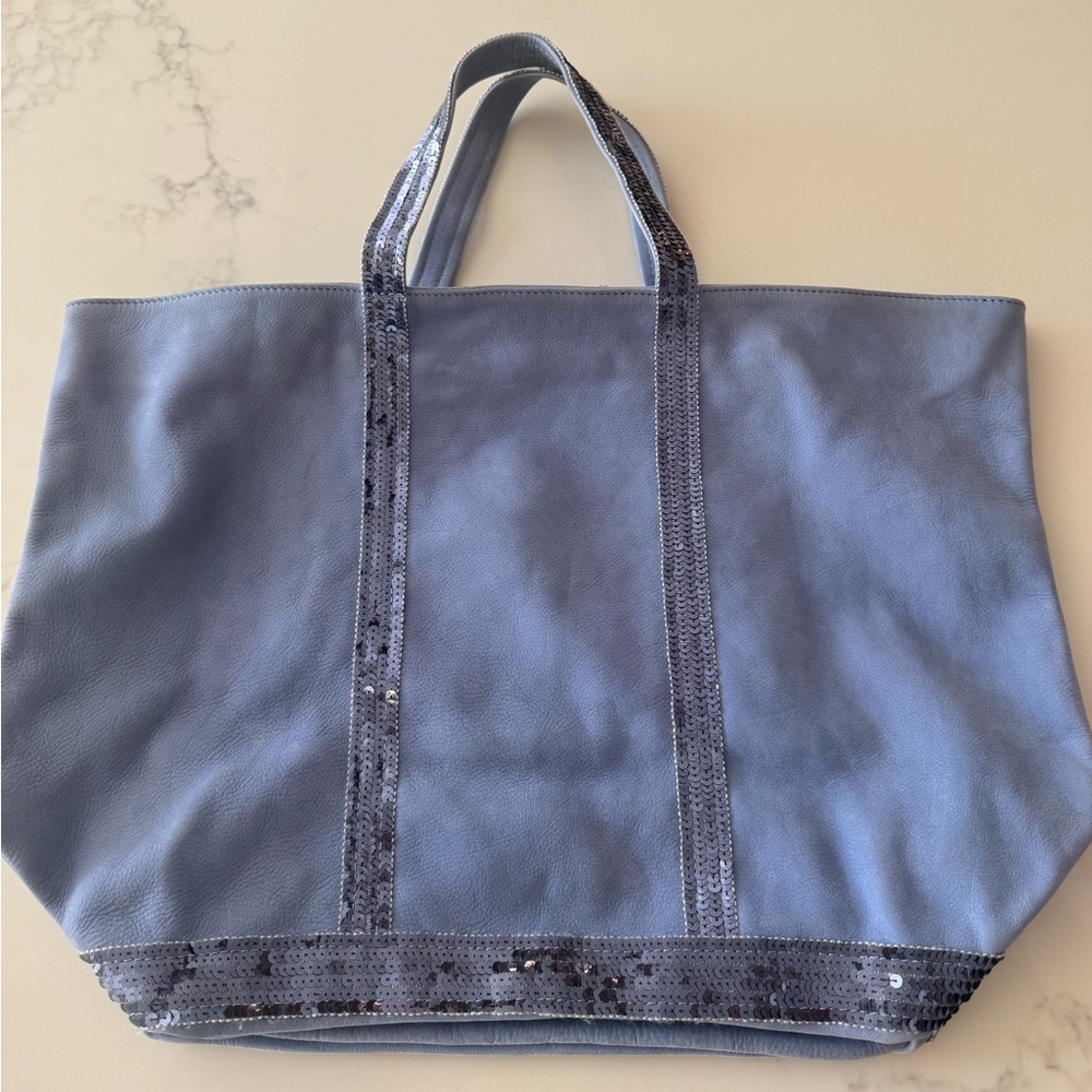Vanessa Bruno Powder Blue Sequin-Trim Leather Tote